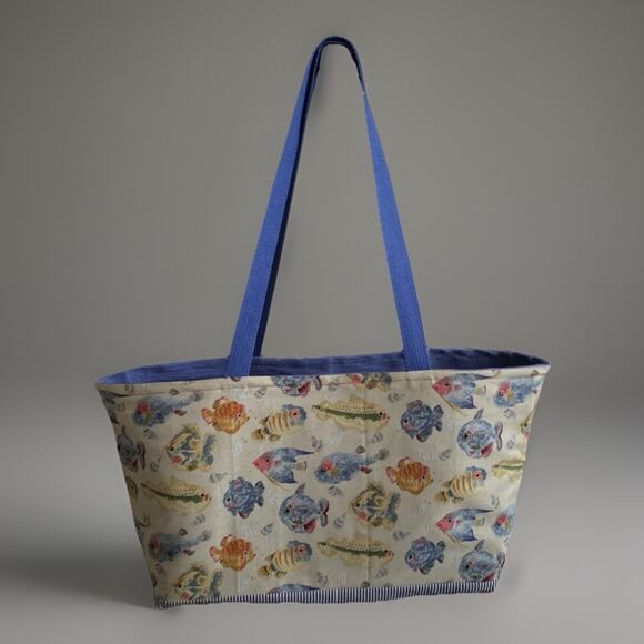 Whimsical Nautical theme Fish Graphics Reversable Tote Bag 10"x20"x6" - Picture 1 of 4